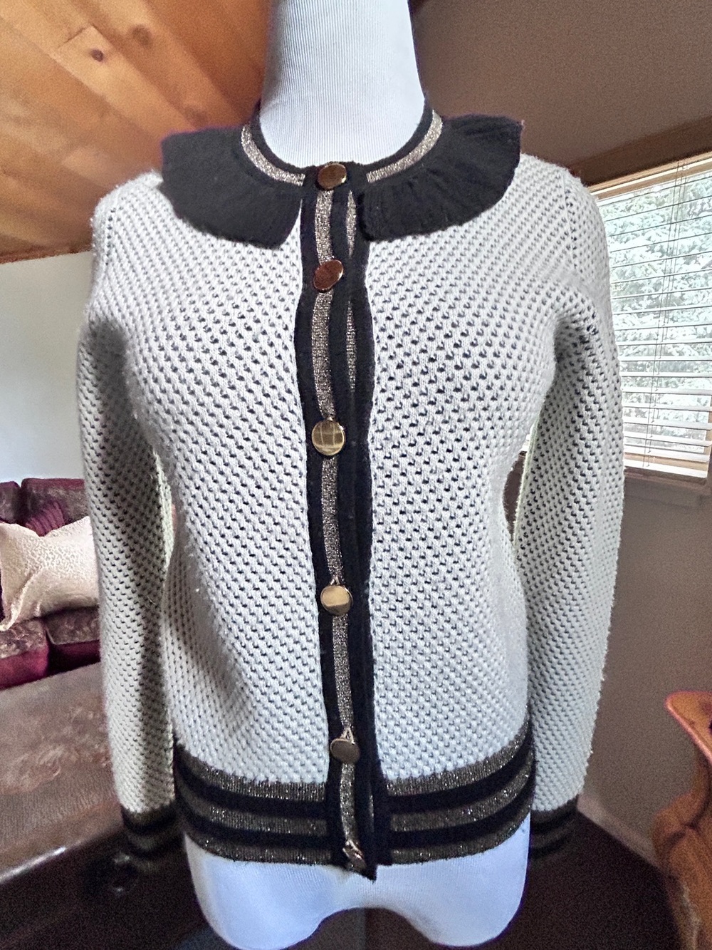 MADELEINE THOMPSON Cream Knit Cardigan with Black Trim and Gold Buttons